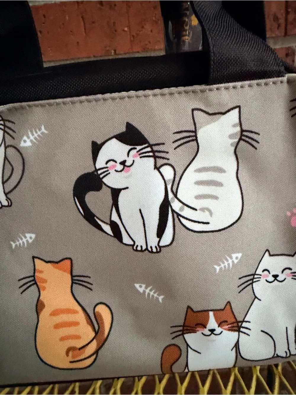 Kids Beige Cat-Print Insulated Lunch Bag with Black Handles